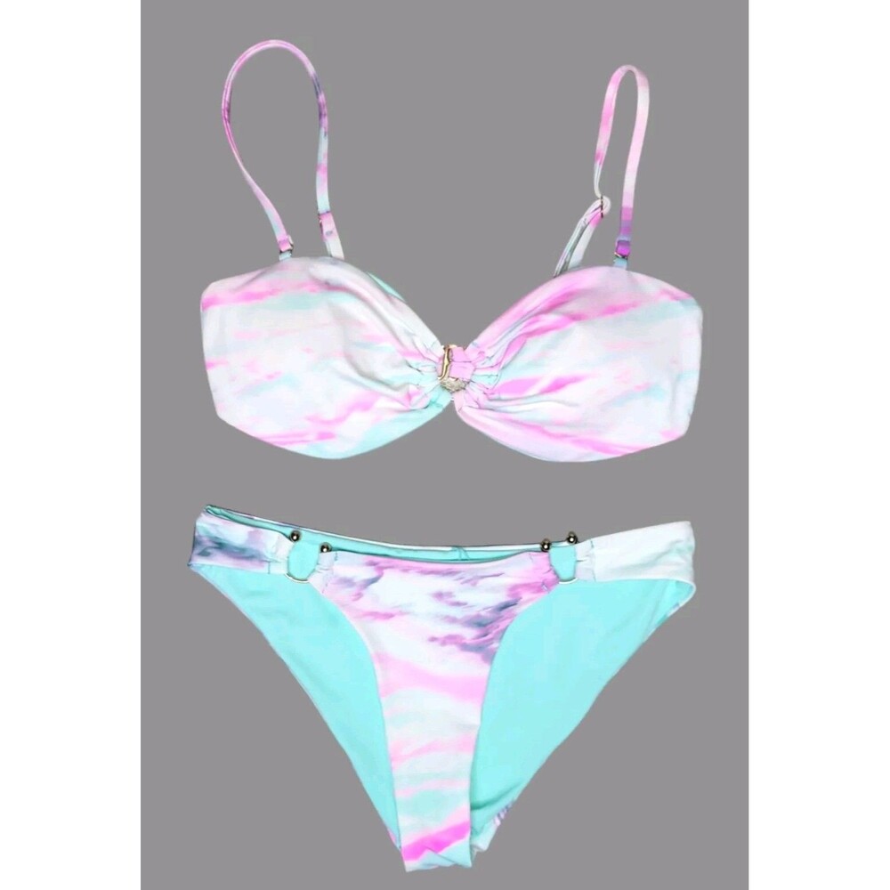 TiniBikini Reversible Cheeky Bikini Women MED Pastel Tie Dye Gold Ring Swimwear
